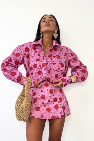 Spódnico-spodenki i Koszula w kwiaty La Milla różowo-czerwona