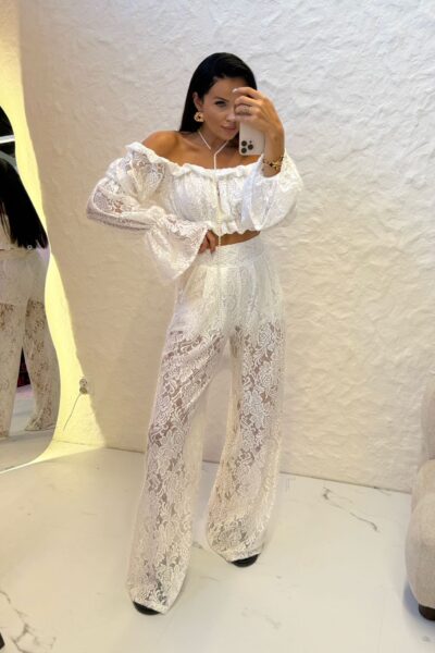 Bluzka hiszpanka i Koronkowe spodnie La Milla białe prosta nogawka
