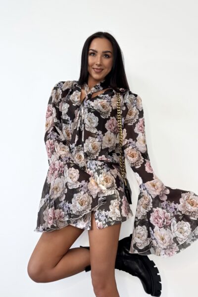 Koszula La Milla mgiełka z rozkloszowanymi rękawami brązowa w róże i Spódnico-spodenki La Milla brązowe w róże