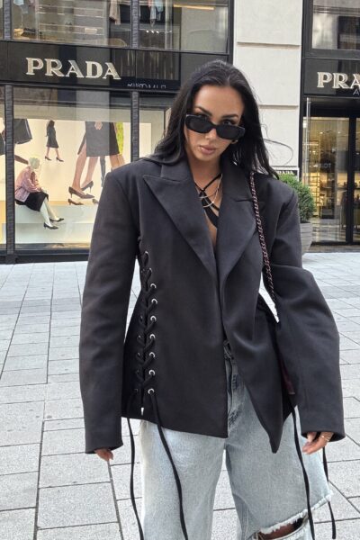 Marynarka Premium La Milla z wiązaniem czarna fashionstory.com.pl