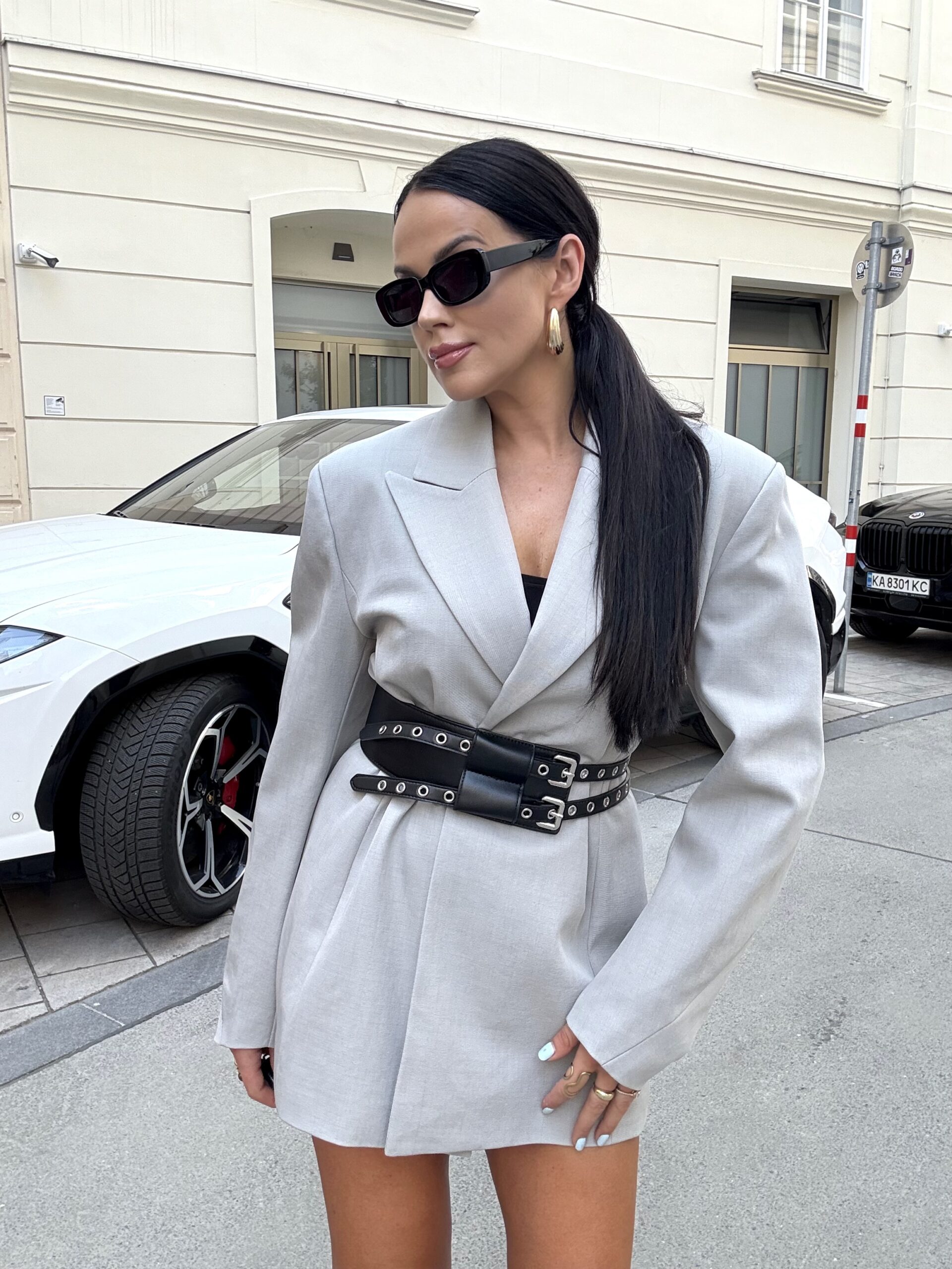 Premium Marynarka La Milla z paskiem szara fashionstory.com.pl