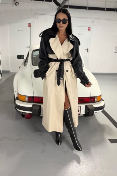 Trencz La Milla ecru ze skórzaną wstawką