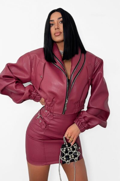 Kurtka La Milla z eko skóry z suwakami bordowa