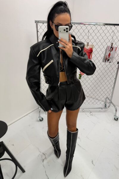 Kurtka La Milla z eko skóry ze stójką czarno-kremowa