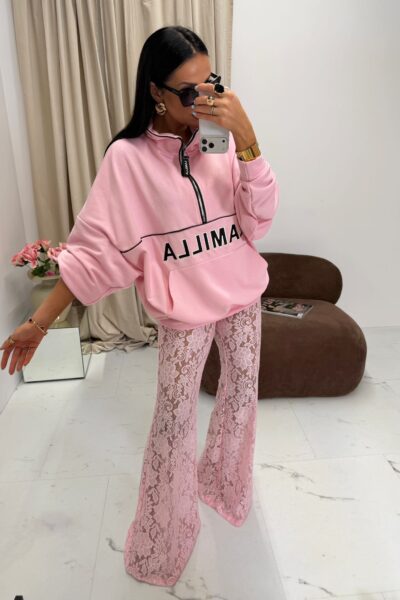 Koronkowe spodnie dzwony La Milla jasnoróżowe