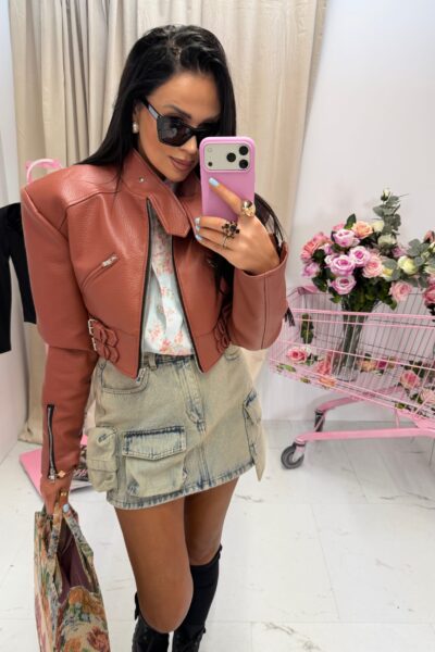 Kurtka La Milla z eko skóry ze stójką ceglasta