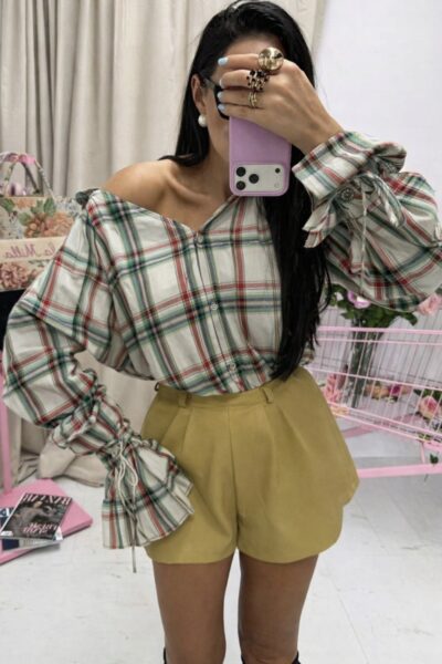 Koszula La Milla w kratę z wiązaniem na mankietach biało-zielona