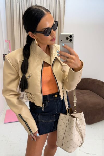 Kurtka La Milla z eko skóry ze stójką beżowa