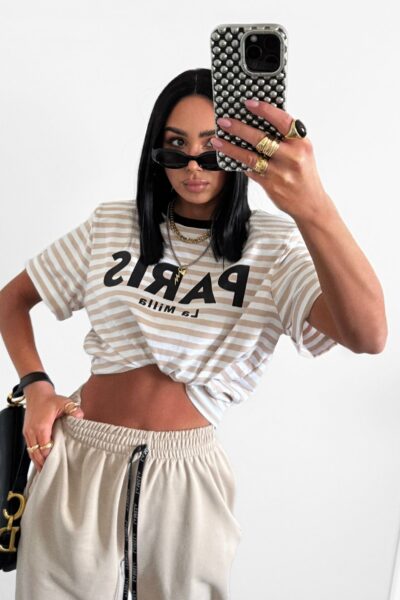 T-shirt La Milla Paris w paski beżowy