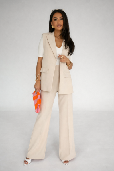 Komplet SLAY kamizelka i szerokie spodnie jasny beż