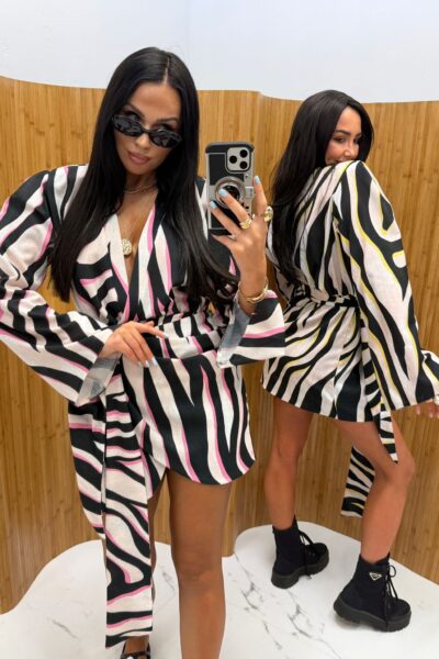 Sukienka kopertowa wiązana La Milla lniana biało-czarna z różem