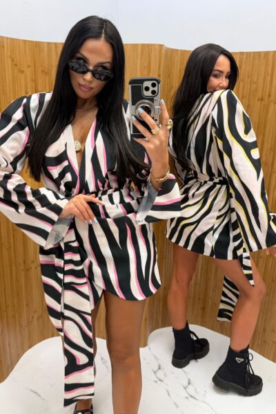 Sukienka kopertowa wiązana La Milla lniana biało-czarna z różem