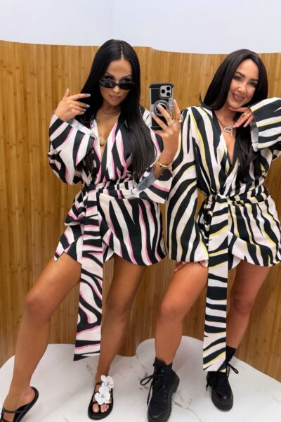 Sukienka kopertowa wiązana La Milla lniana biało-czarna z żółtym