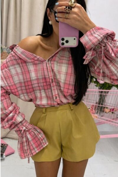 Koszula La Milla w kratę z wiązaniem na mankietach różowa